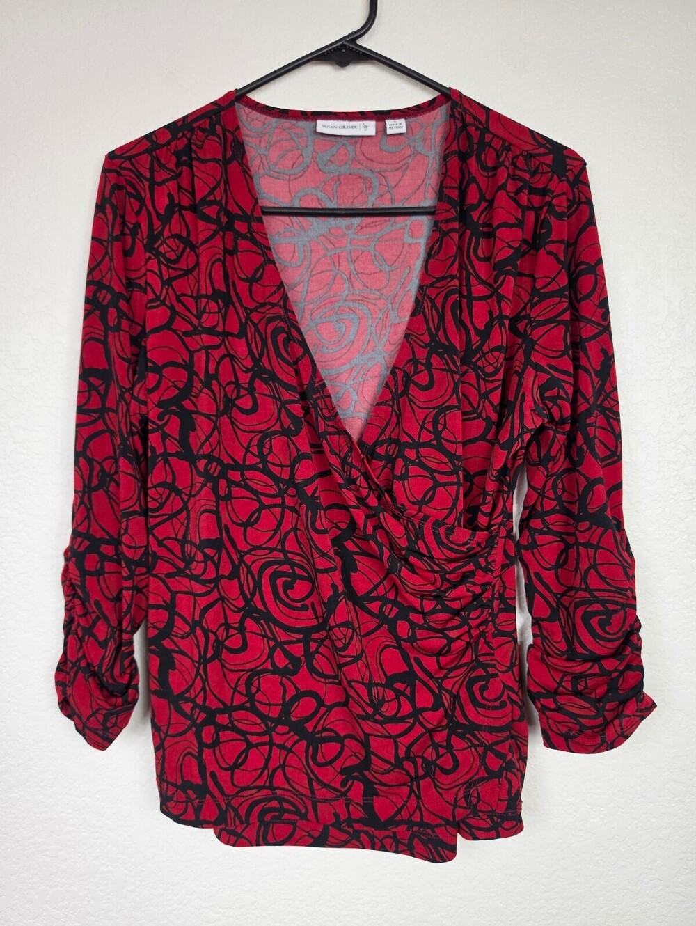 Susan Graver Red and Black Small Print Y2K Wrap Style Top